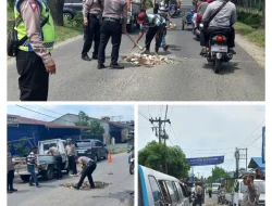 Jalan Berlubang di Hamparan Perak Ditambal, Antisipasi Laka Lantas