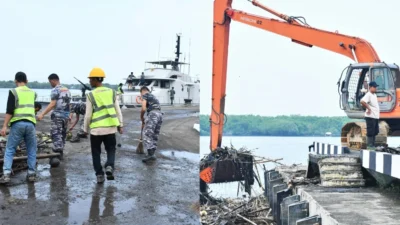 Sambut HUT TNI ke-81, Kodaeral I dan Warga Gotong Royong Bersihkan Perairan Dermaga Belawan